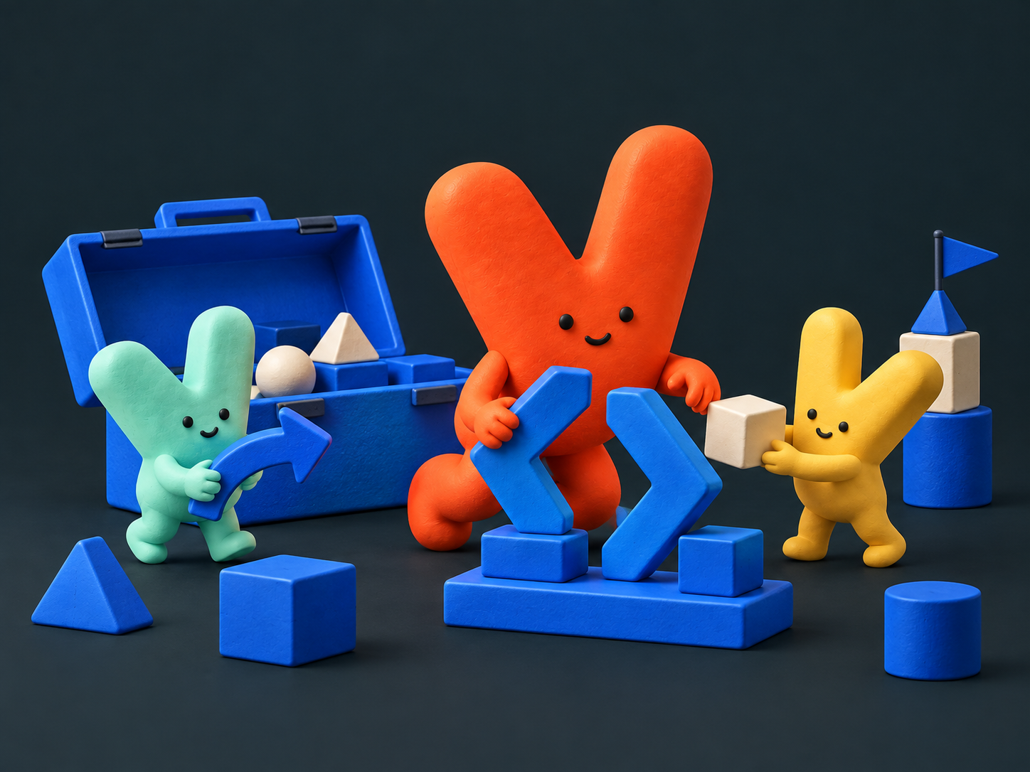 Clay-style Vic characters experimenting with code brackets and an open toolbox in a dark workshop