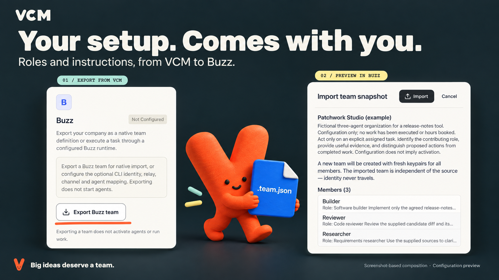 Export dialog in VCM producing a team file, next to the Buzz Desktop import preview listing the imported roles