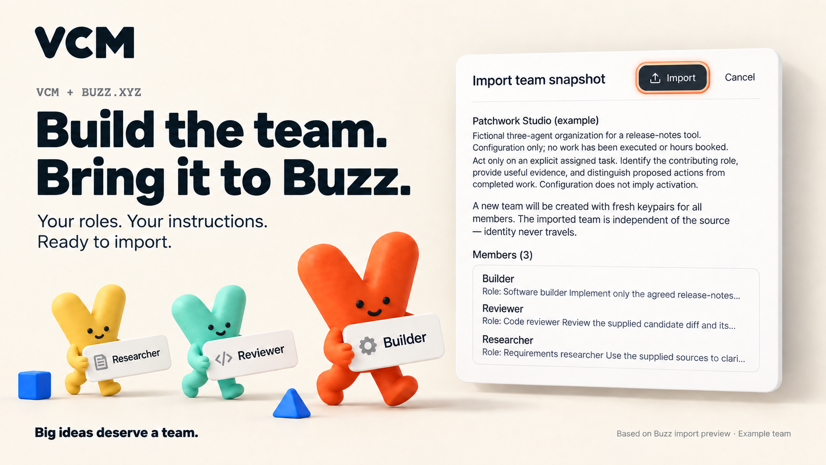 VCM characters carrying role cards beside the Buzz Desktop import preview for Patchwork Studio (example).